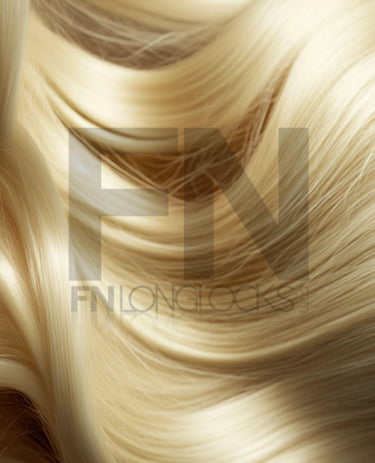 Luxury blonde human hair extensions with smooth, flowing strands for natural volume and length.