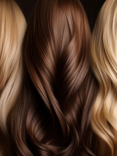 A seamless blend of high-quality hair extension swatches ranging from deep brunette to bright blonde.