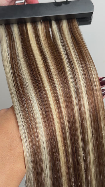 Medium brown hair extensions with platinum blonde highlights color 4/60